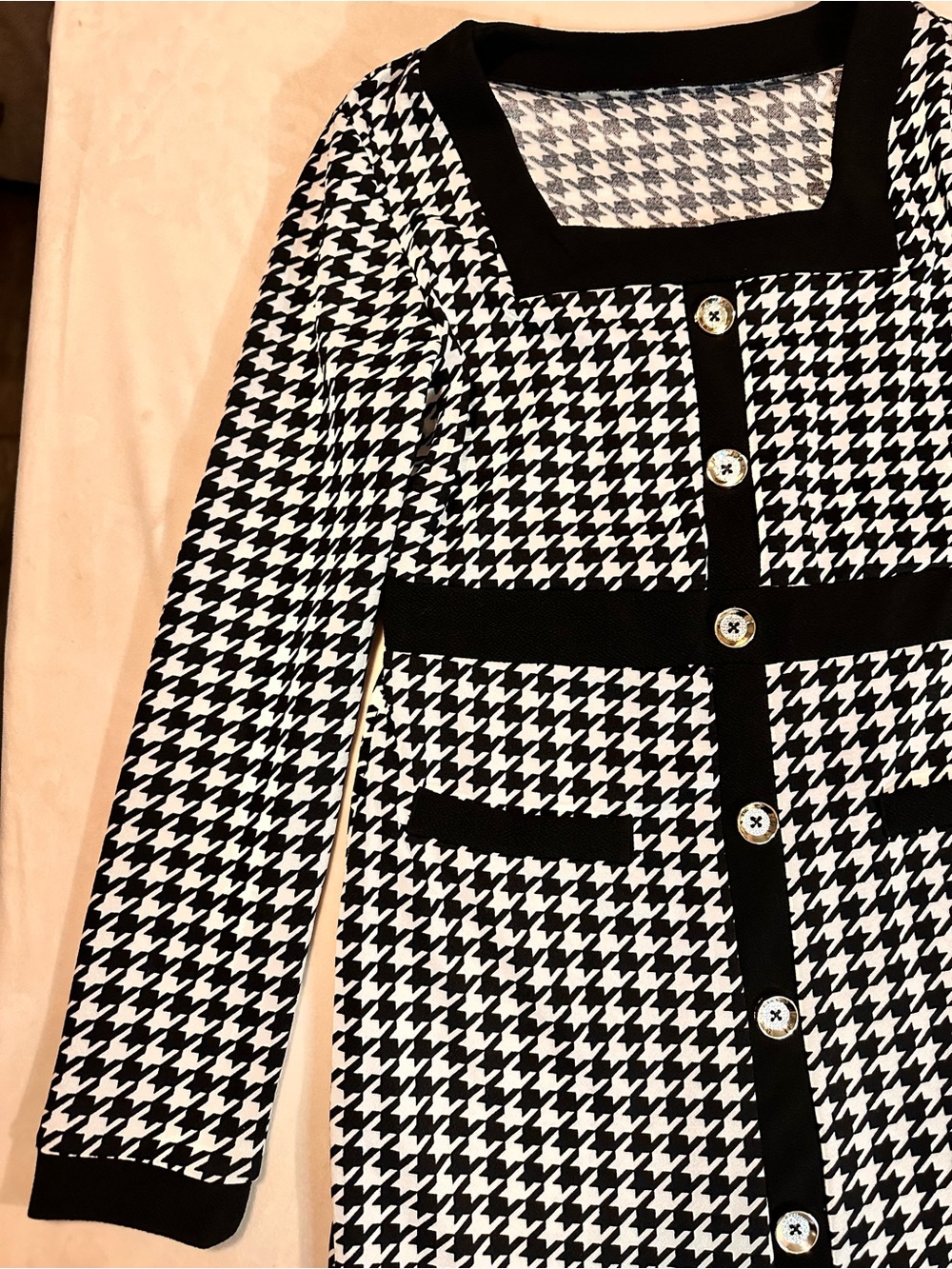 Houndstooth Midi Dress with Contrast Trim - Black/White - Picture 4 of 7